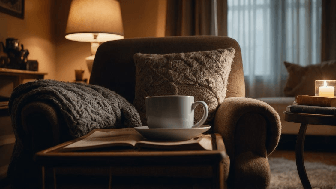 a cozy inviting living room with soft lighting a comfortable armchair