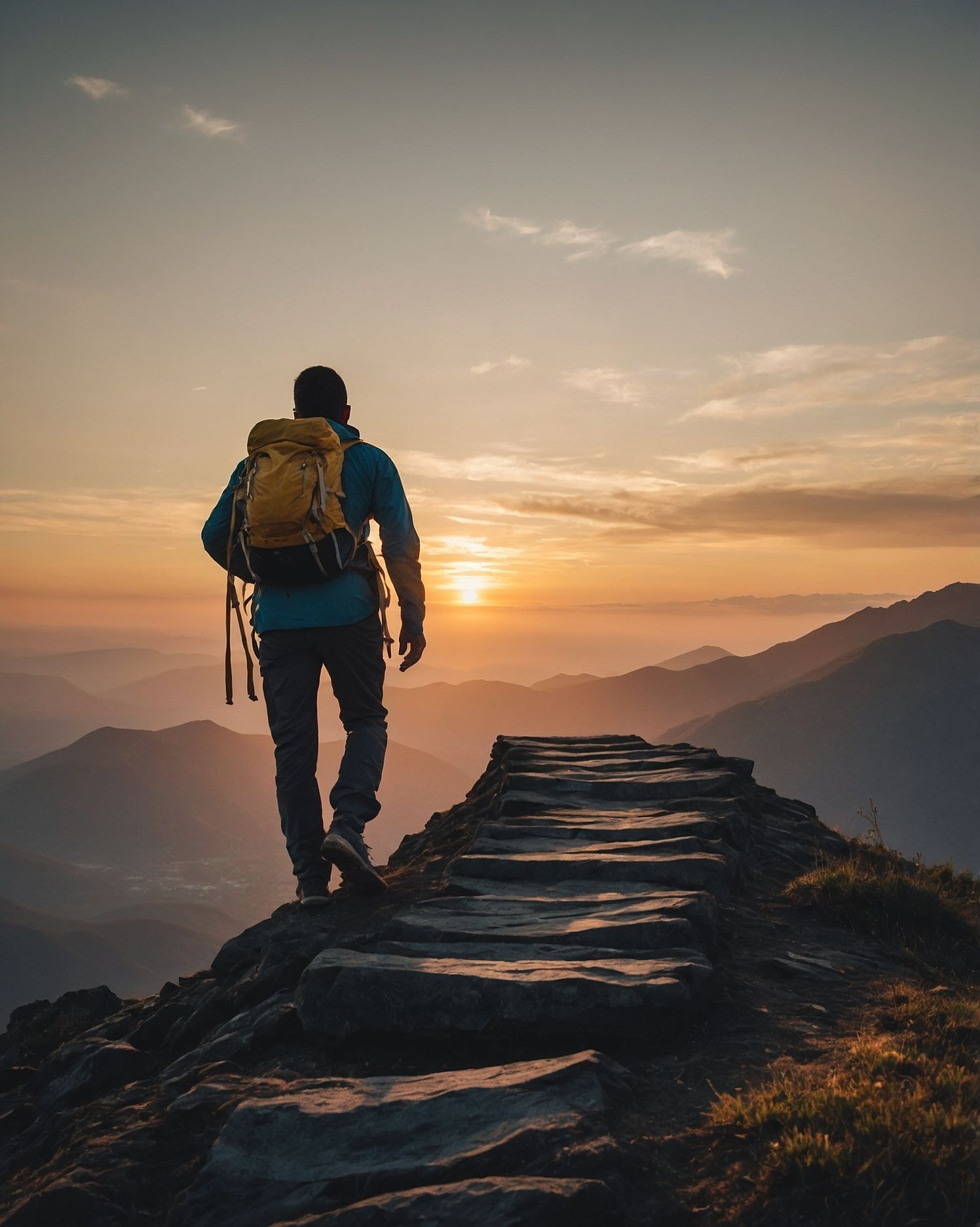 Landscape photograph featuring a lone hiker walking along a stone path on a mountain ridge during sunset