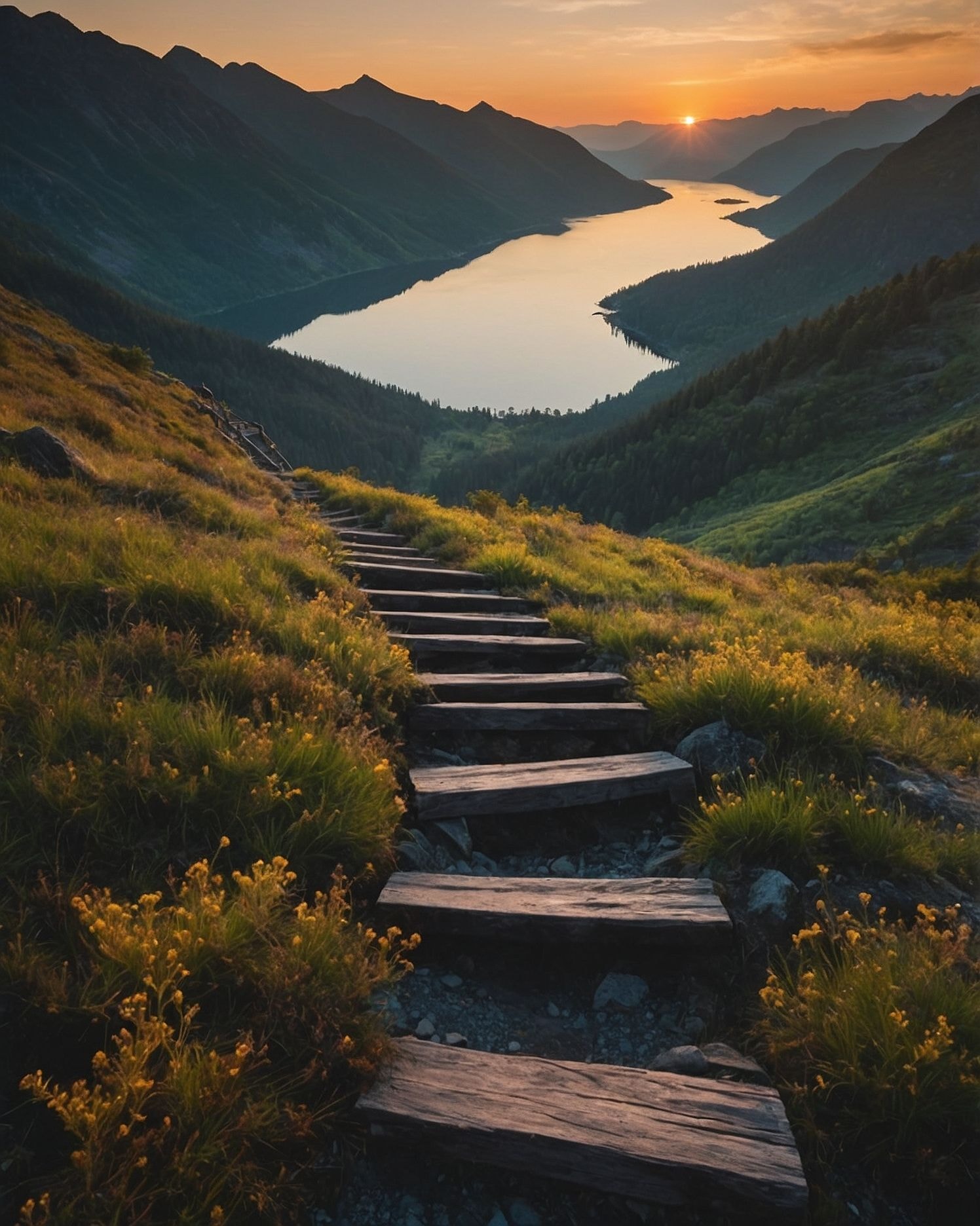 Landscape photograph featuring a wooden staircase descending through a grassy hillside towards a serene lake surrounded by mountains